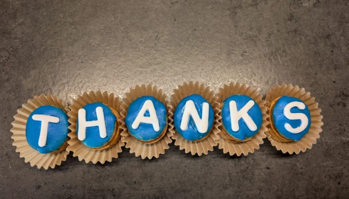 Plätzchen mit Buchstaben aus Zuckergussschrift zusammengelegt zu dem Wort "Thanks"